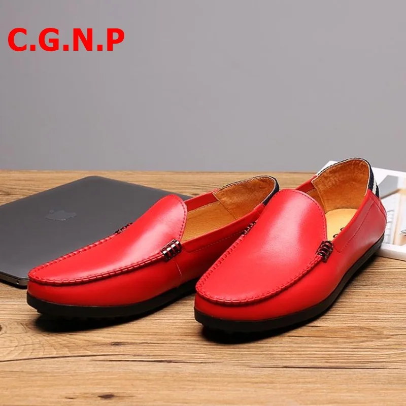 

C.G.N.P Mocassin Homme Soft Genuine Leather Loafers Men Red Leather Casual Shoes Fashion Dress Shoes Slippers Driving Shoes