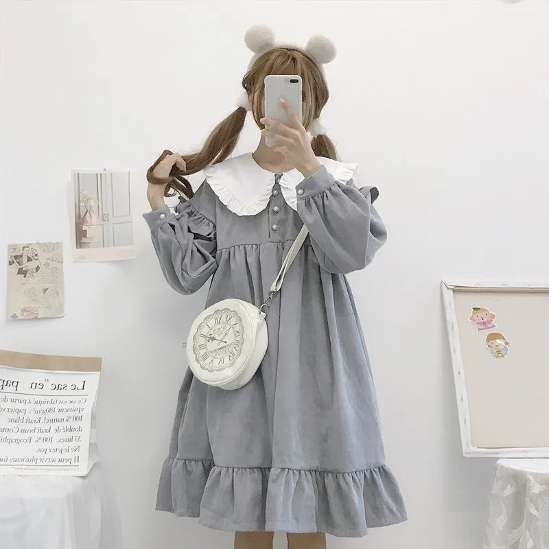 Осенне-зимнее Повседневное платье в стиле Лолиты Kawaii, новое японское милое ретро платье с кукольным воротником, свободное плиссированное платье с длинными рукавами