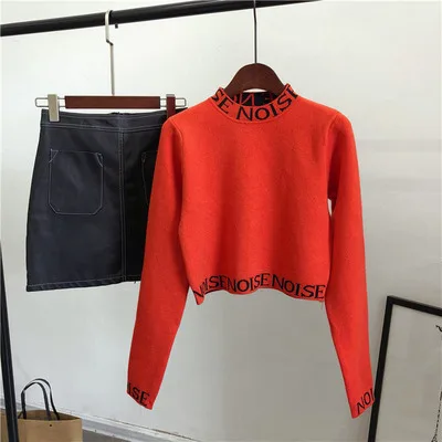 ORANGE Для женщин Harajuku трикотаж, надписи половина с высоким, плотно облегающим шею воротником с коротким свитеры и пуловеры Топ OL леди длинный рукав Высокая Талия приталенные Рубашки, Топы - Цвет: ORANGE