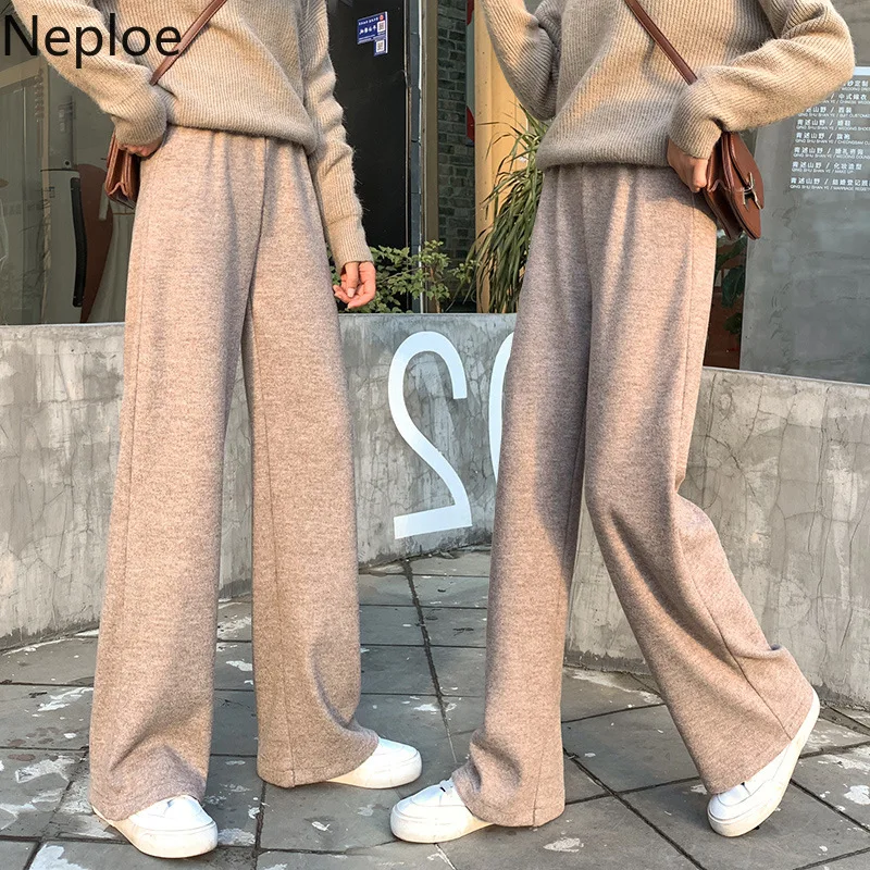 Neploe/вязаные широкие брюки сезон осень зима плотные однотонные с высокой талией