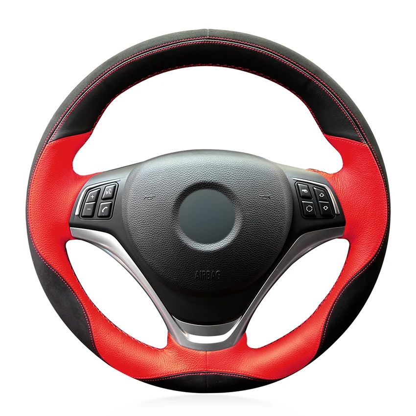 

Hand-stitched Black Red Leather Suede Anti-slip Soft Comfortable Car Steering Wheel Cover for BMW X1 E84 2012-2015