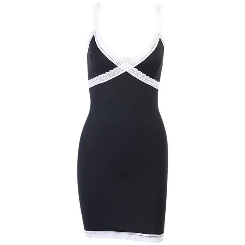 

Women Sleeveless Bodycon Mini Dress Sexy V-Neck Cross White Lace Splice Clubwear