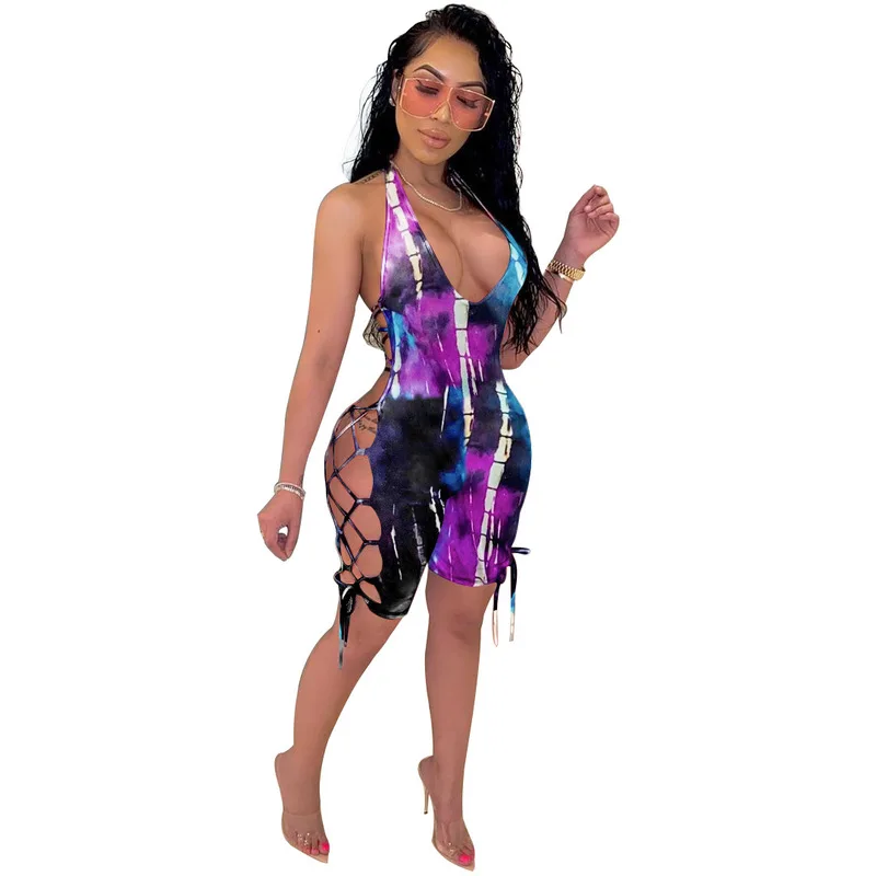 

Women's Playsuits Sexy Hollow Out Printed Backless Strap Sleeveless Conjoined Jumpsuits
