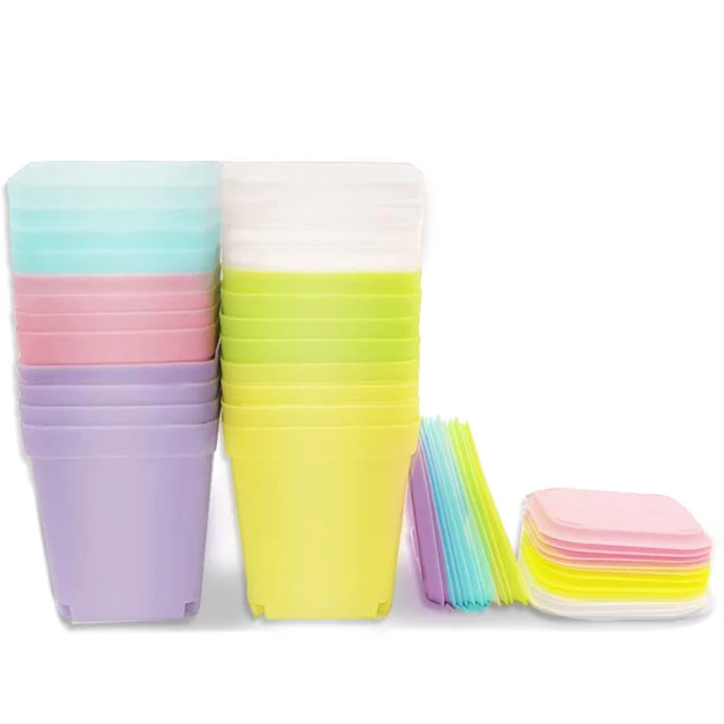 

24 Packs of 3-Inch Square Plastic Flower Pots, Nursery Flower Pots with Drain Holes and Saucers, 6 Colors in Total