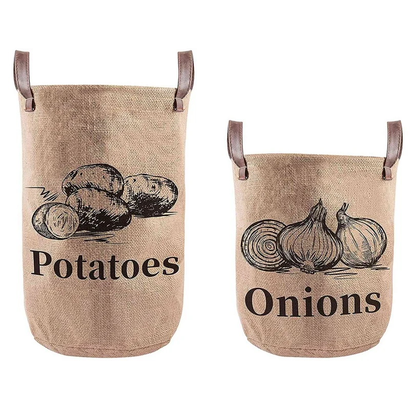 

Jute Onion and Potato Storage Bags- Farmhouse Style Lined Burlap Vegetable Storage Bags for Home Kitchen Organization