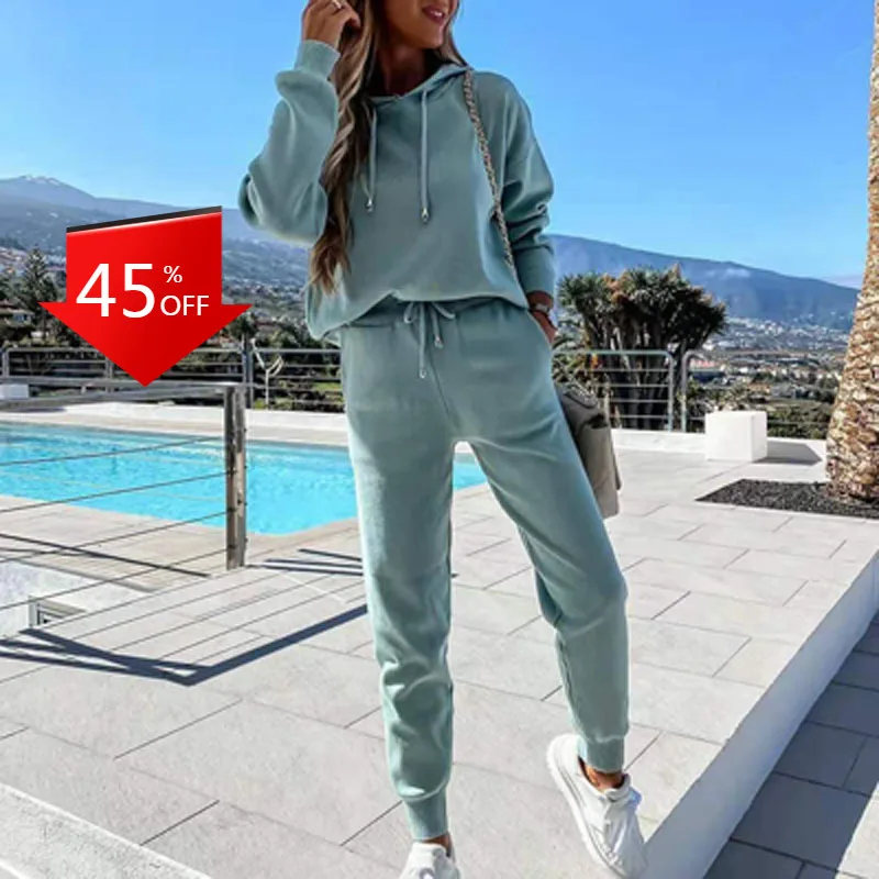 

Осенне-зимний свободный флисовый свитер с капюшоном и длинными рукавами, облегающие брюки, Женская толстовка из двух частей, повседневная ж...