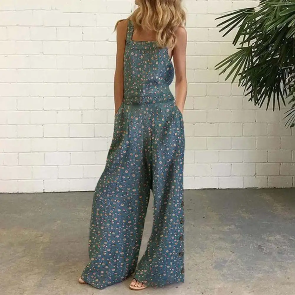 

Women Jumpsuit Ladies Casual Romper Floral Print Sling Backless Loose Jumpsuit Playsuit High Waist Long Trousers for Party