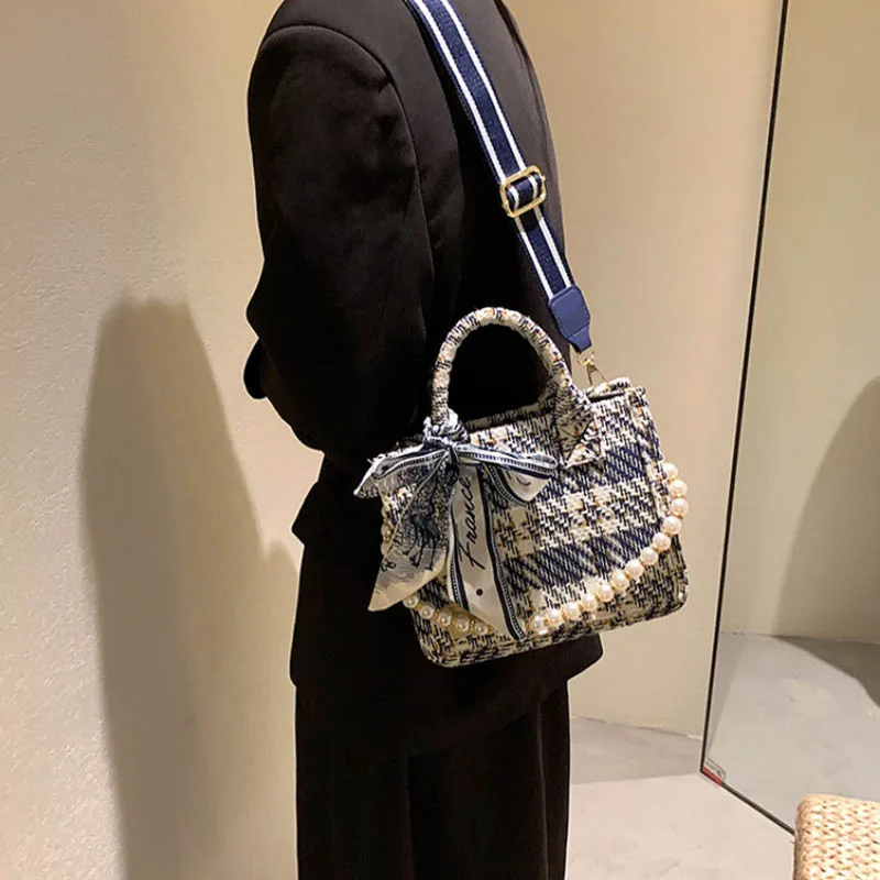 Женская сумка-тоут с жемчугом Клетчатая Шерстяная женская дизайнерская сумка на