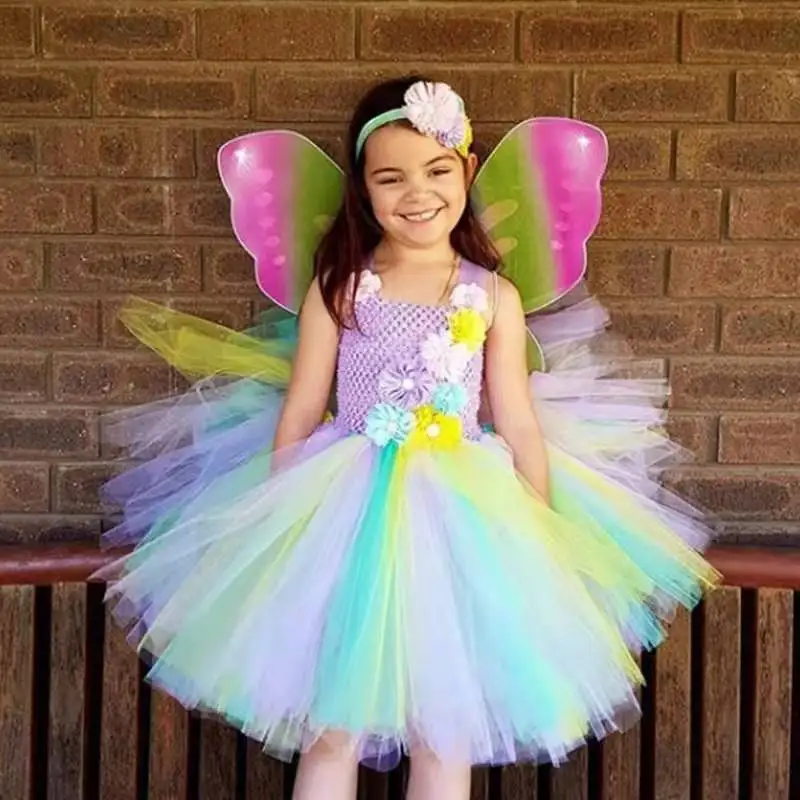 

Girls Pastel Flower Tutu Dress Baby Fluffy Crochet Tulle Tutus with Butterfly Wing and Headband Kids Party Cosplay Costume Dress