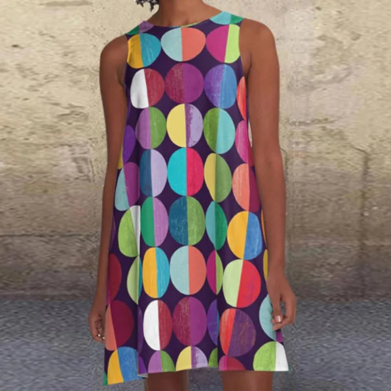 

Women's 2021 summer new print crew neck sleeveless loose skirt dress