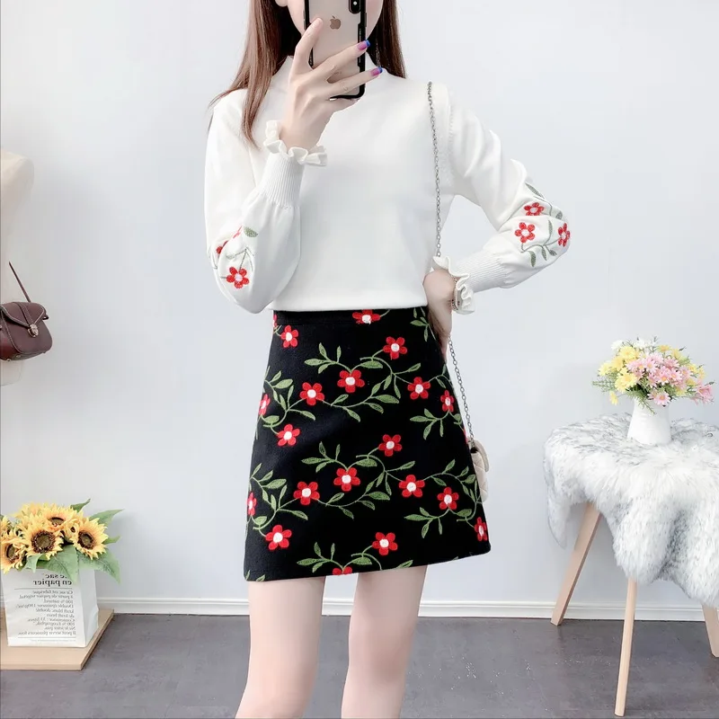 

Autumn Winter Women Knitting Pullover Sweater Tweed Cloth Embroidery Flower Skirts Two-Piece Outfit Sweet Lady Set Clothing