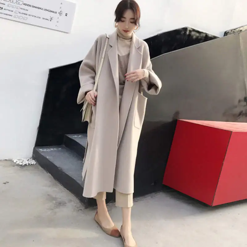 

Lace Up Long Woolen Coat Women Parkas Autumn Winter Coat Women Manteau Femme Elegant Wool Coats Black Jacket Warm Overcoat C5820