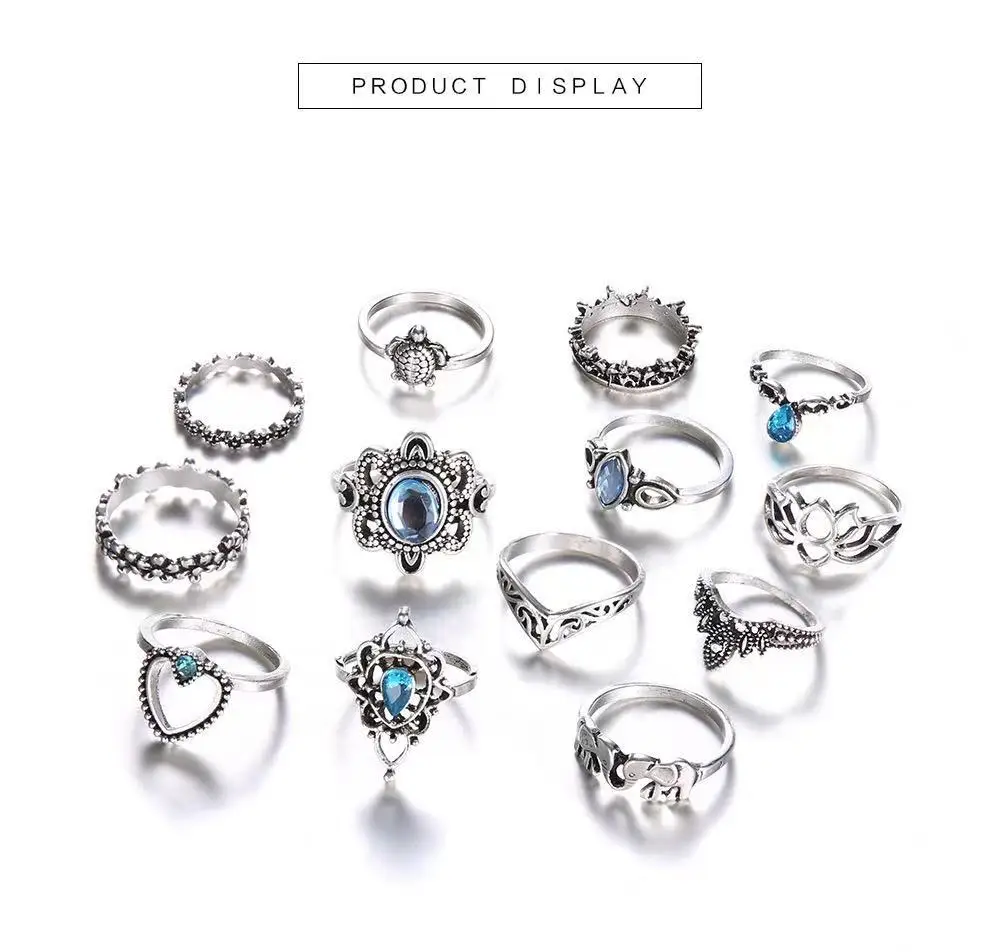 

Bohemian Retro Crystal Flower Rings Set Vintage Women Jewelry Wedding Anniversary Gift 13-piece Combination Accessories