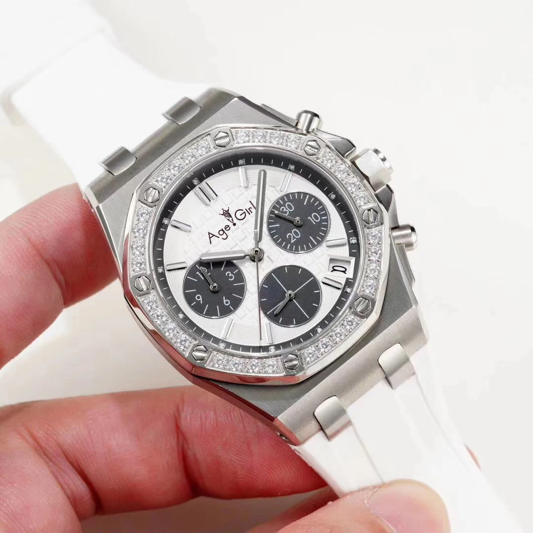 

Classic New Women Chronograph Stopwatch Sapphire Stainless Steel Luminous Watch Rubber Silver Diamonds Bezel