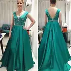 Бирюзовое зеленое атласное платье для матери невесты, длинное платье с кристаллами и бисером, v-образный вырез, без рукавов, ТРАПЕЦИЕВИДНОЕ торжественное платье для свадебной вечеринки на заказ, большие размеры
