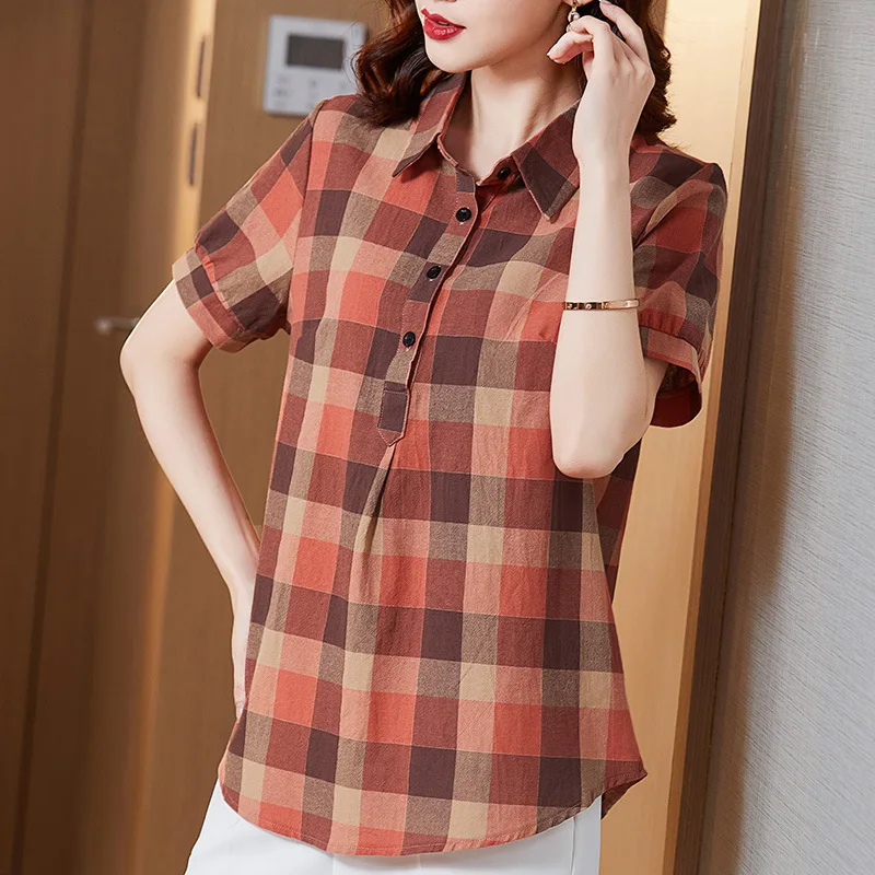 

Short-Sleeve Plaid Shirt New 2021 Summer Cotton Blouse Shirt Fashion Casual Loose Tops Plus Size Clothing