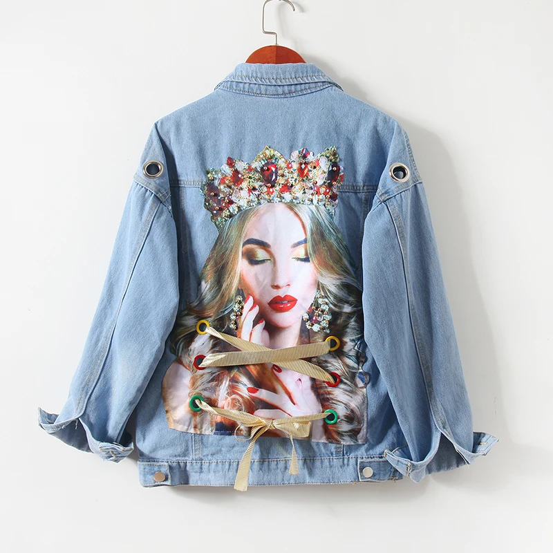 Stteetwear Style Jeans Jacket Women 2022 Fashion Autumn Portrait Print Denim Jacket Casual Korean Beading Loose Veste Femme