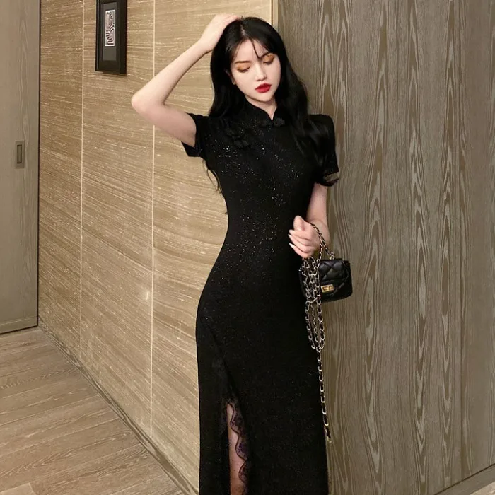 Женское винтажное платье Ципао черное кружевное длинное в китайском стиле