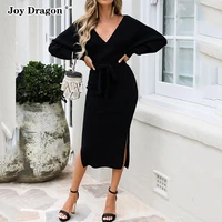 autumn women sweater dress new fashion winter long sleeve elegant v neck slim knitted midi dresses office clothes pullovers