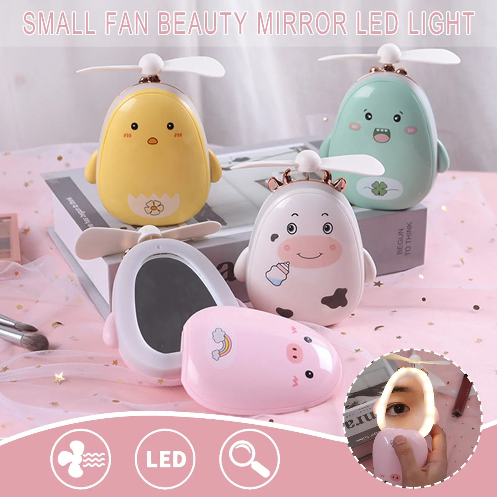 

Portable Mini USB Small Fan Creative Fashion Led Light Cartoon Beauty Mirror Cartoon Animal Personal Cooling Fan Home
