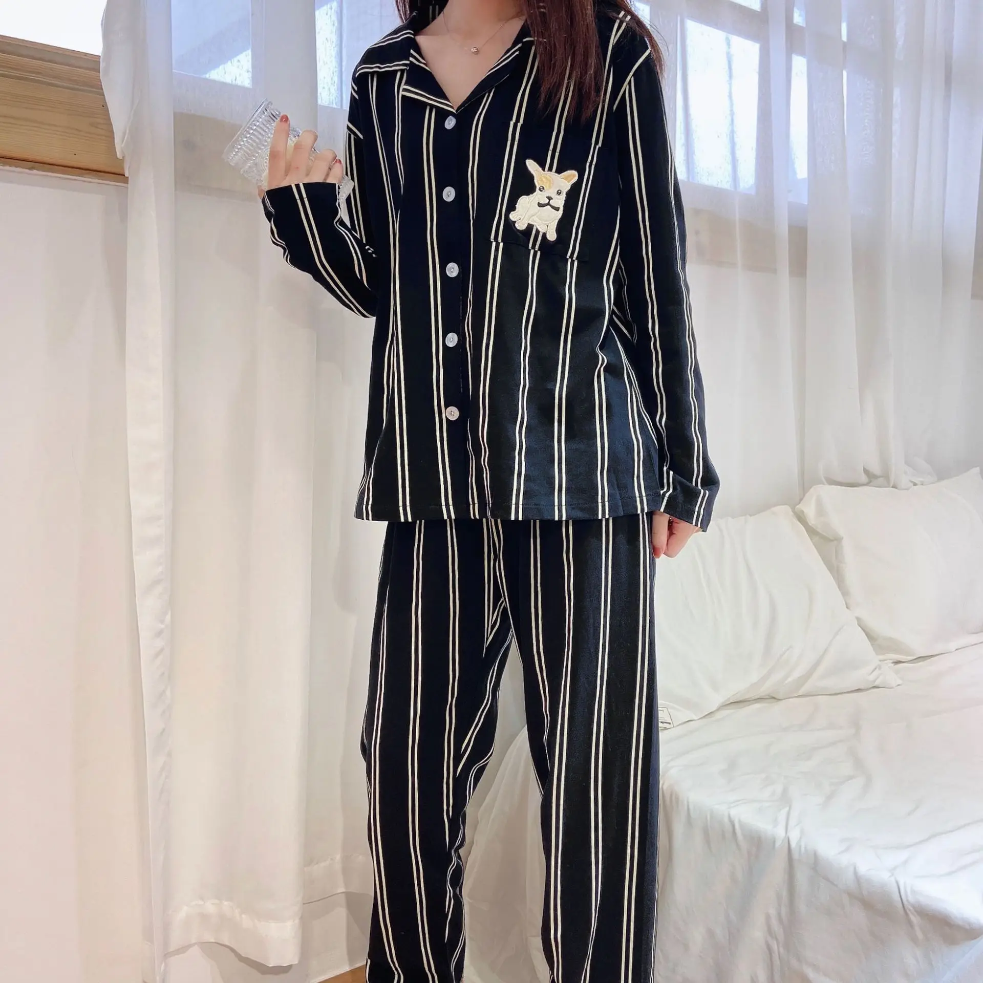 

Fashion Women Vertical Stripe Pajamas Set Loose Leisure Spring Long Sleeve Cute Dog Pajamas Female College Style Cotton Homewear
