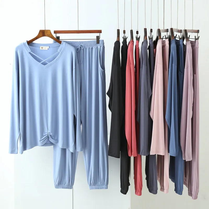 

Women's Modal Sexy Pajamas Set Sleepwear Set Top Women Solid Pajama Set 2Piece/Suit Full Sleeves Shirt Pant Lingerie Mom Casual