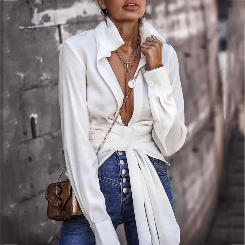 

Foridol deep v neck white lace up blouse shirt women autumn winter chic streetstyle blouse tops ladies blouse shirts 2020