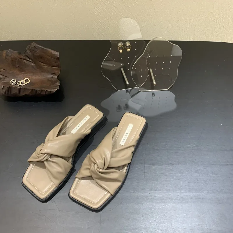 

Female Shoes Ladies' Slippers Low Platform Square Toe Luxury Slides 2021 Flat Summer Designer Fabric Basic Fashion Rome PU Hoof