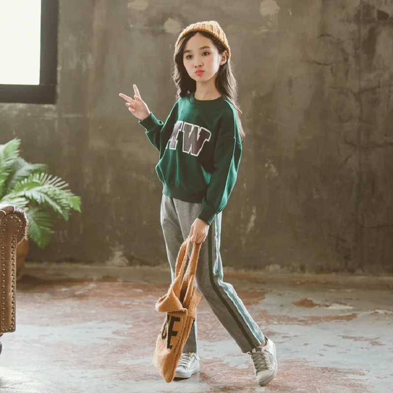 New Girls Dark Green Sweater Plus Long Pants Set for Toddler Girls Casual Children Clothes 10 Years Girl Sports Outerwear