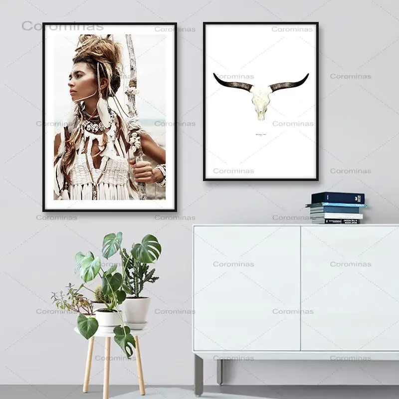 Художественные постеры на холсте с изображением американской девушки и перьев