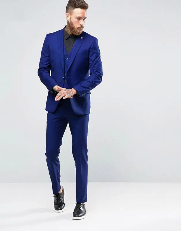 

Bule Peaked Lapel Fashion Men Suits Formal Tuxedos Slim Fit Terno Masculino Bespoke Blazer Men Handsome (Jacket+Pant+Tie+Vest)