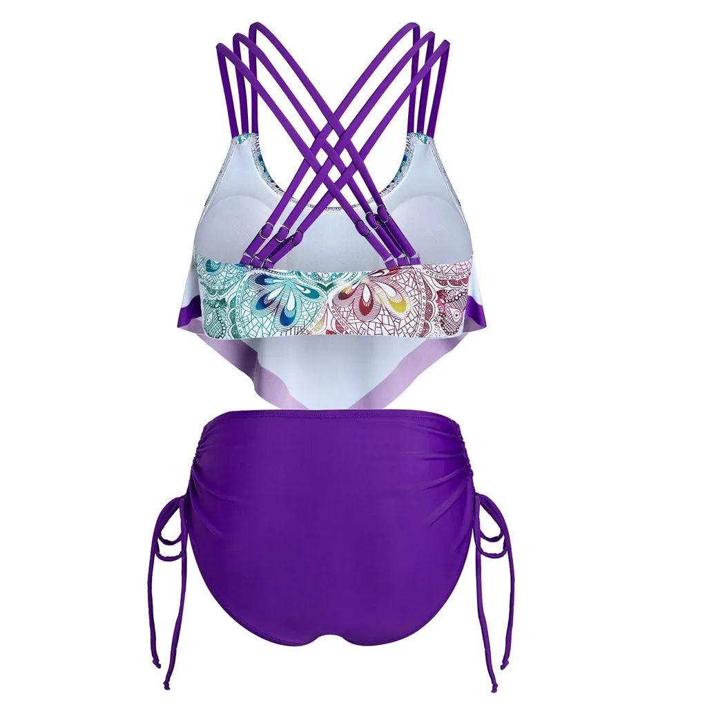 

Women Boh Print Push-Up Padded Overlay Flounce Crisscross Tankini Swimwear Swimjupmsuit Swimsuit Beachwear Padded Swimwear