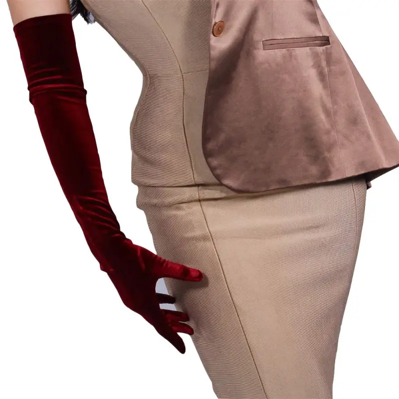 

60cm Velour Gloves Extra Long Section Wine Red Over Elbow Female High Elastic Swan Velvet Gold Velour Touchscreen Woman WSR03