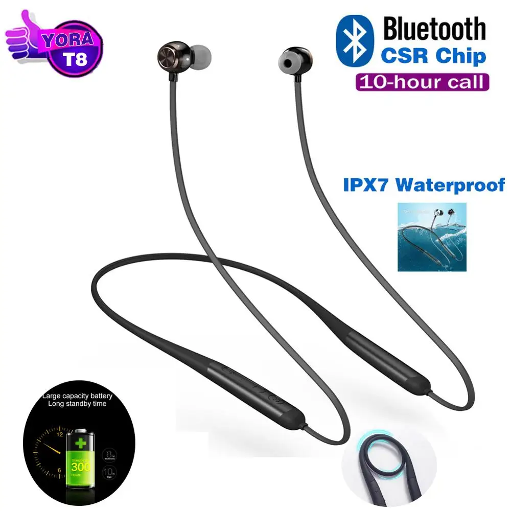 T8 силиконовые шейные наушники Bluetooth беспроводная Спортивная гарнитура силиконовые IPX7 водонепроницаемые супер наушники с микрофоном для iphone