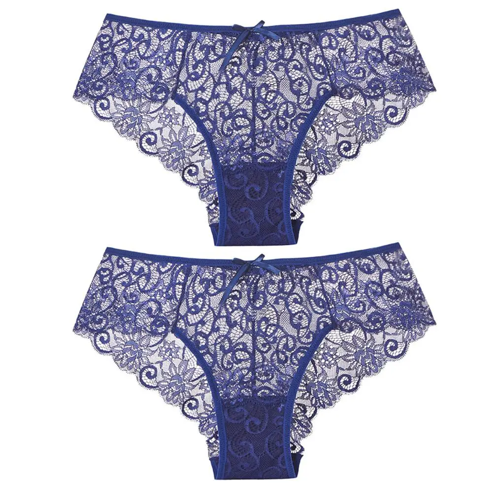 

2Pcs Women Sexy Solid Color Floral Lace See Through Mid Rise Briefs Underwear