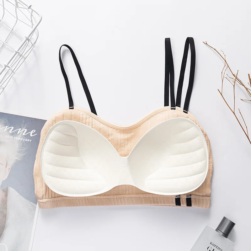 

SALSPOR Striped Cotton Bra Buttons Wireless Casual Fitness Lingerie Women Push Up Removable Liner Underwear