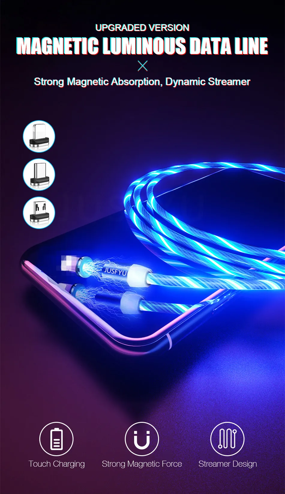 Магнитный usb-кабель со светящимся потоком для iPhone XS MAX XR 7 8, зарядное устройство Micro type C для быстрой зарядки, Магнитный зарядный USB-C type-C