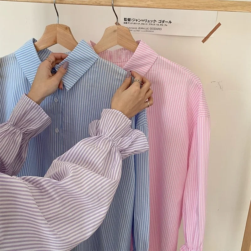

Striped Shirts Women Spring Elegant Loose Retro Flare Sleeve Stylish Office Ladies All-match Streetwear Korean Chic Oversize Hot