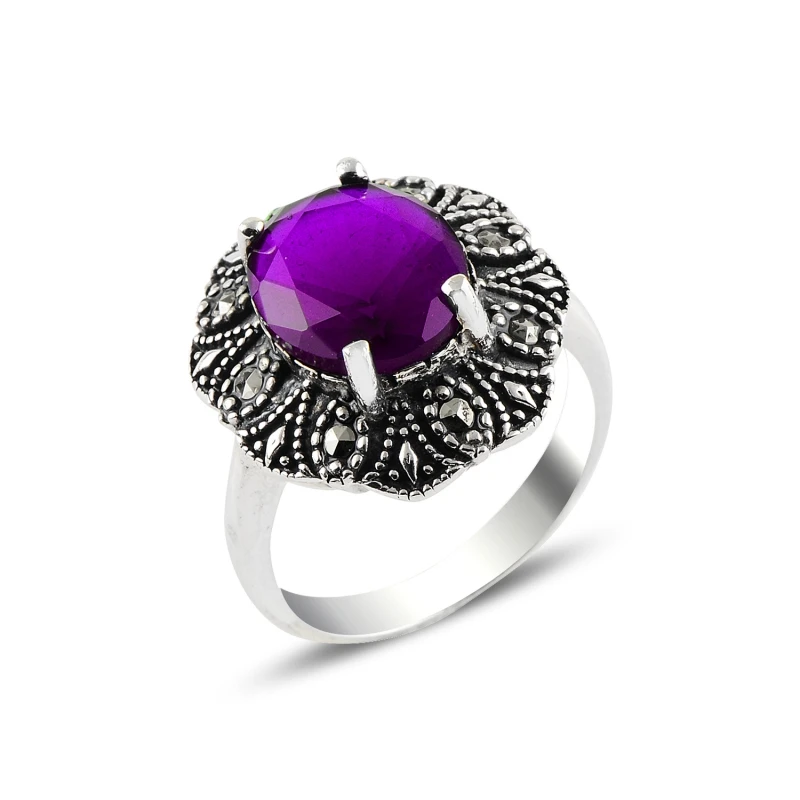 

Silverlina Silver Amethyst Zircon & Marcasite Ring