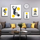 Абстрактный олень, геометрический треугольник, желтая мраморная планка, настенный художественный плакат, украшение для гостиной и дома