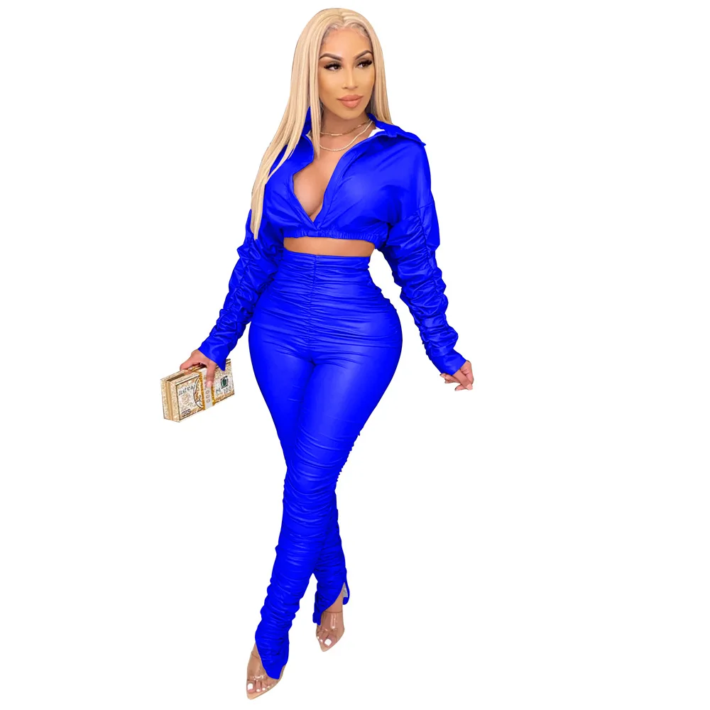 

Fashion Winter Women PU Sets Sexy Ladies Deep V-Neck Pleated Sleeve Skinny Crop Tops High Waist Pleated Side Draped Split Pants