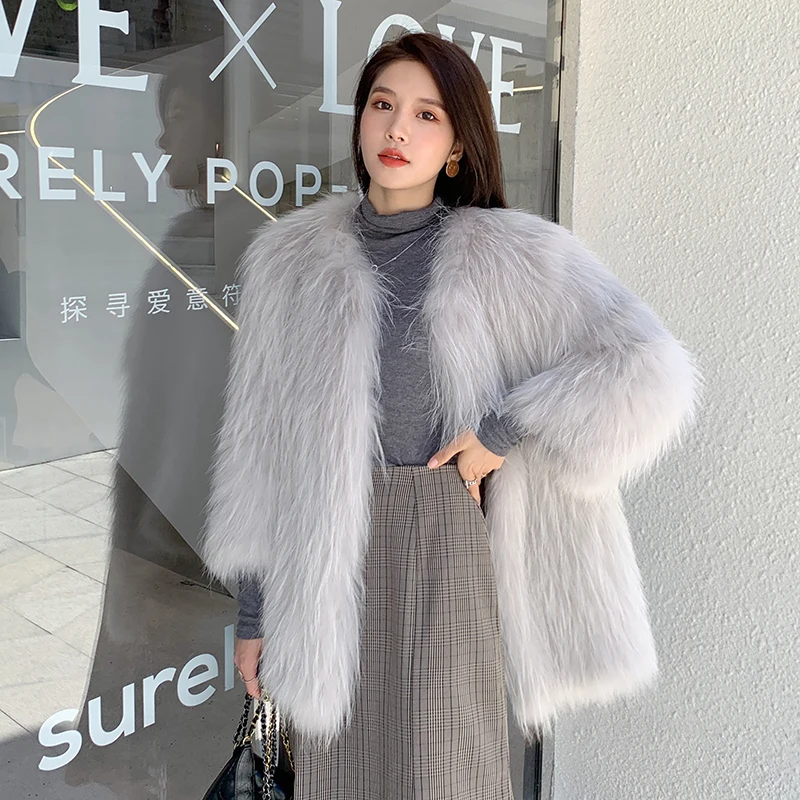 

Raccoon dog fur woven fur coat women's middle long new temperament fox fur coat young fashion
