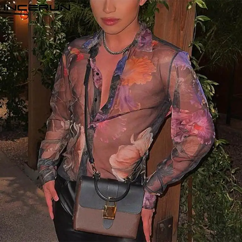 

Мужская сетчатая рубашка INCERUN с принтом, пикантные Прозрачные рубашки с отложным воротником и длинным рукавом, уличная одежда на пуговицах ...