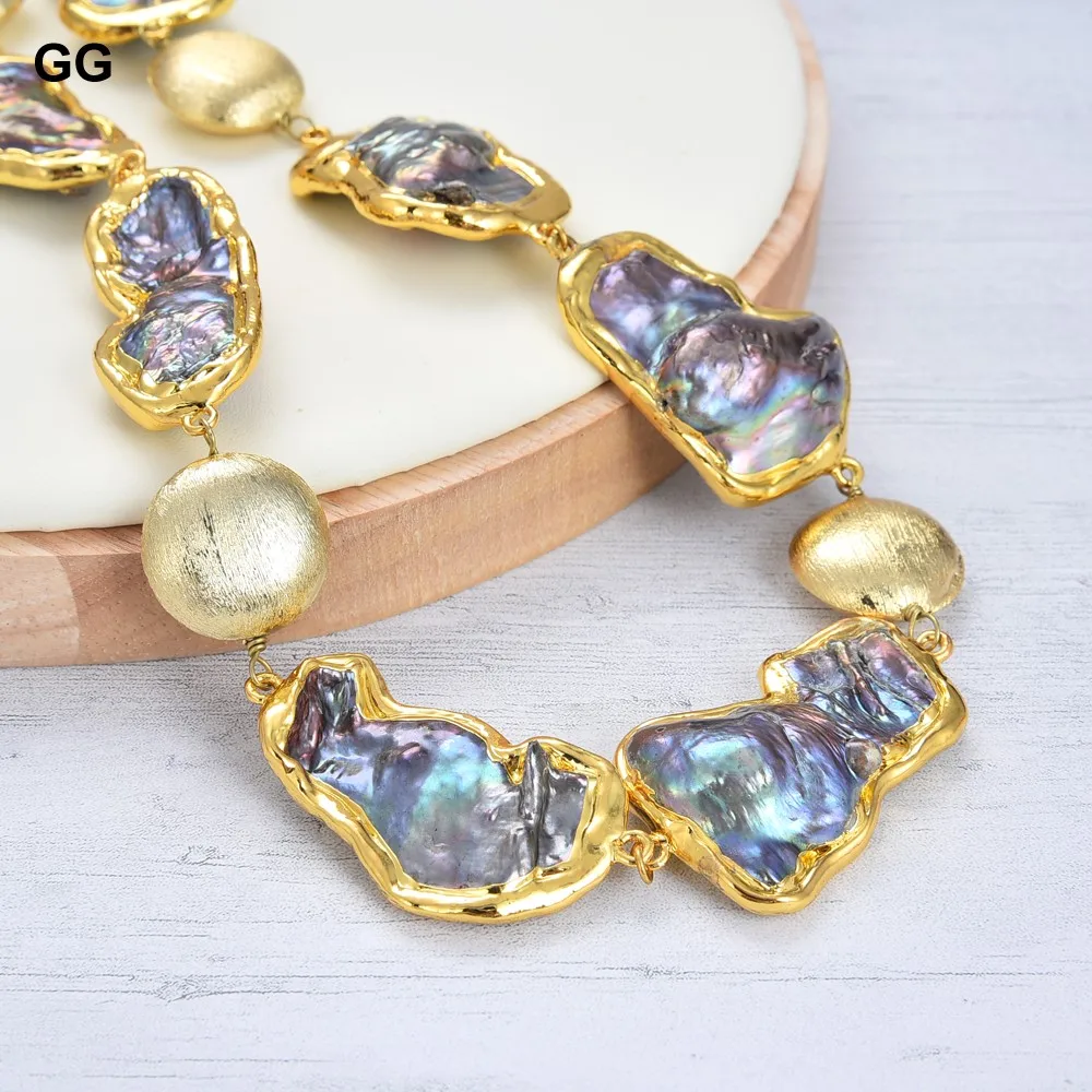 

GG Jewelry 19'' Freshwater Black Baroque Keshi Pearl Golden Plated Coin Necklace