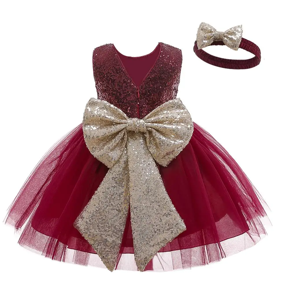 

Summer Short Girls Dress 1st Birthday Party Vestidos Sequin Dress For Girls Wedding Newborn Girls Princess Dress + Headband 2pcs