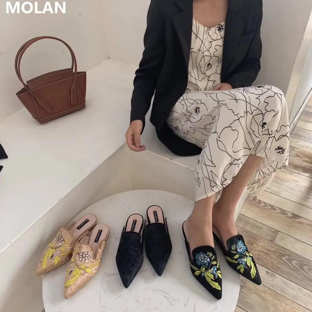 Женские бархатные шлепанцы MOLAN брендовые дизайнерские без застежки с цветочной