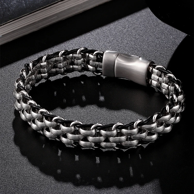 

MKENDN locomotive Men Stainless Steel Chain Charm Leather Punk Biker Jewelry Rock Viking Wristband Fashion Accessories Gifts