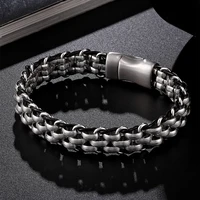 mkendn locomotive men stainless steel chain charm leather punk biker jewelry rock viking wristband fashion accessories gifts