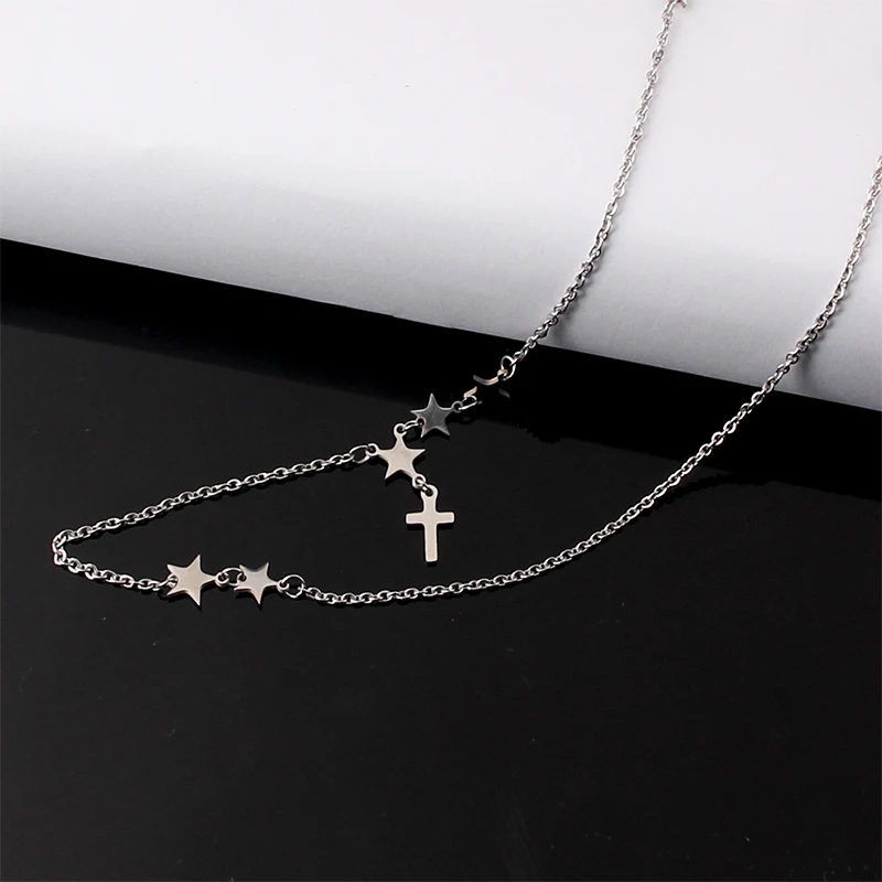 

New Fashion Stainless Steel Chain Gold Silver Color Cross Stars Tassel Rustless Pendant Women's Necklaces Choker Banquet Jewelry