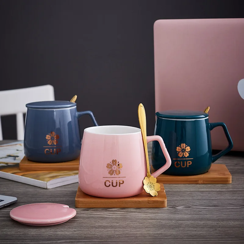 Цветочная кружка для завтрака Sakura керамические кофейные чашки с золотой ложкой и